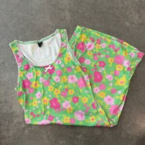 Y2K Floral Spring Girly Bow Ribbed Tank Dress Green Pink Womens Small Casual
